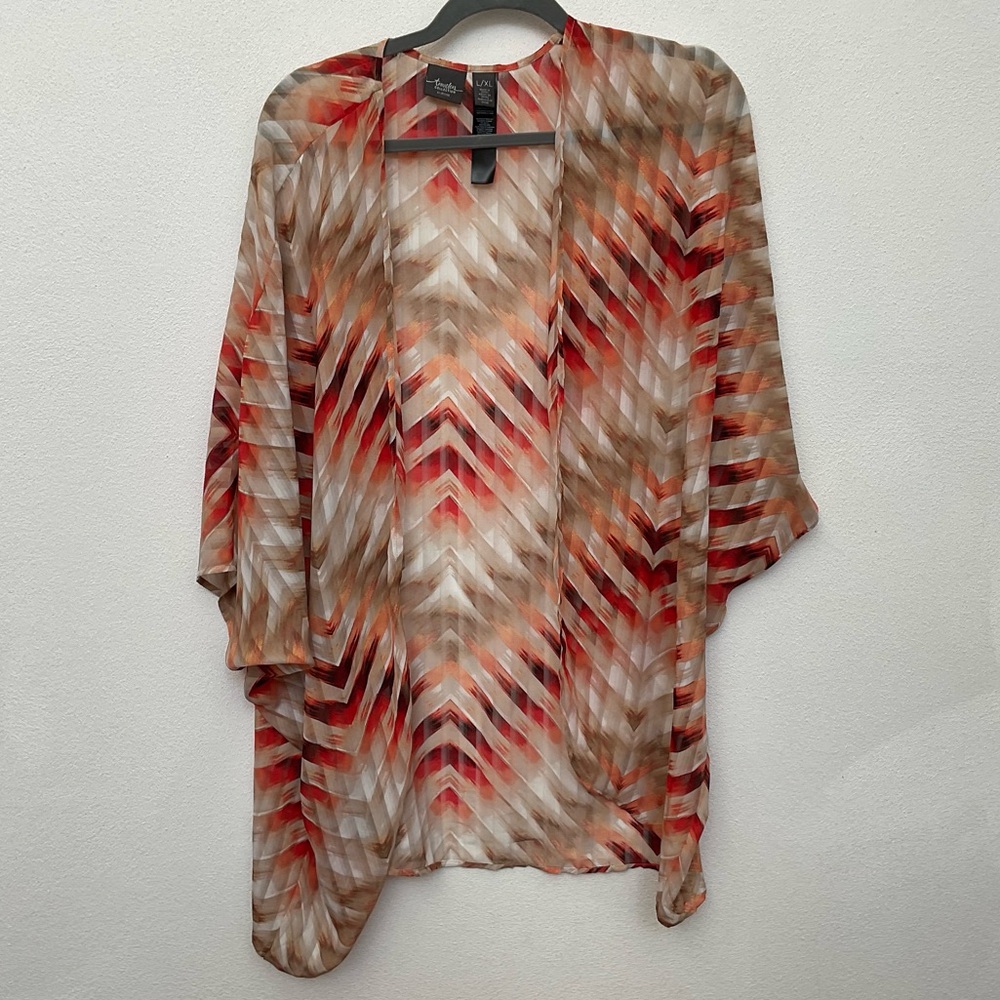 Travelers Collection Chico's Orange, Brown Chevron Open Front Light Cardigan XL